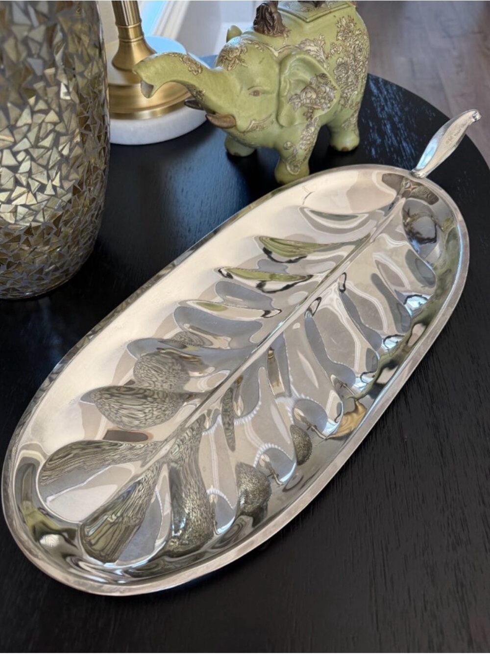 Vintage Mid Century Silver-Plated Banana Leaf Serving Tray with Handle